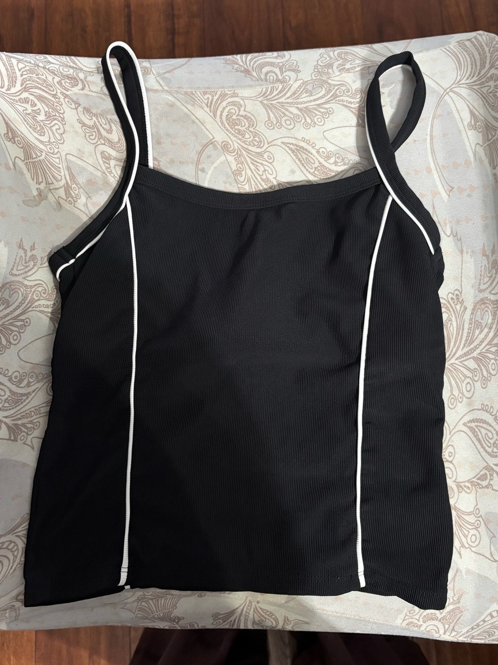 Black Spaghetti-Strap Sports Bra Tank with White Piping